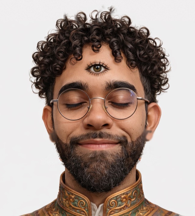 George, the writer behind Third Eye Thirst, illustrated with a third eye and round glasses